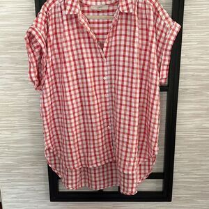 LOFT cute red and white gingham short sleeve blouse button down size XXL